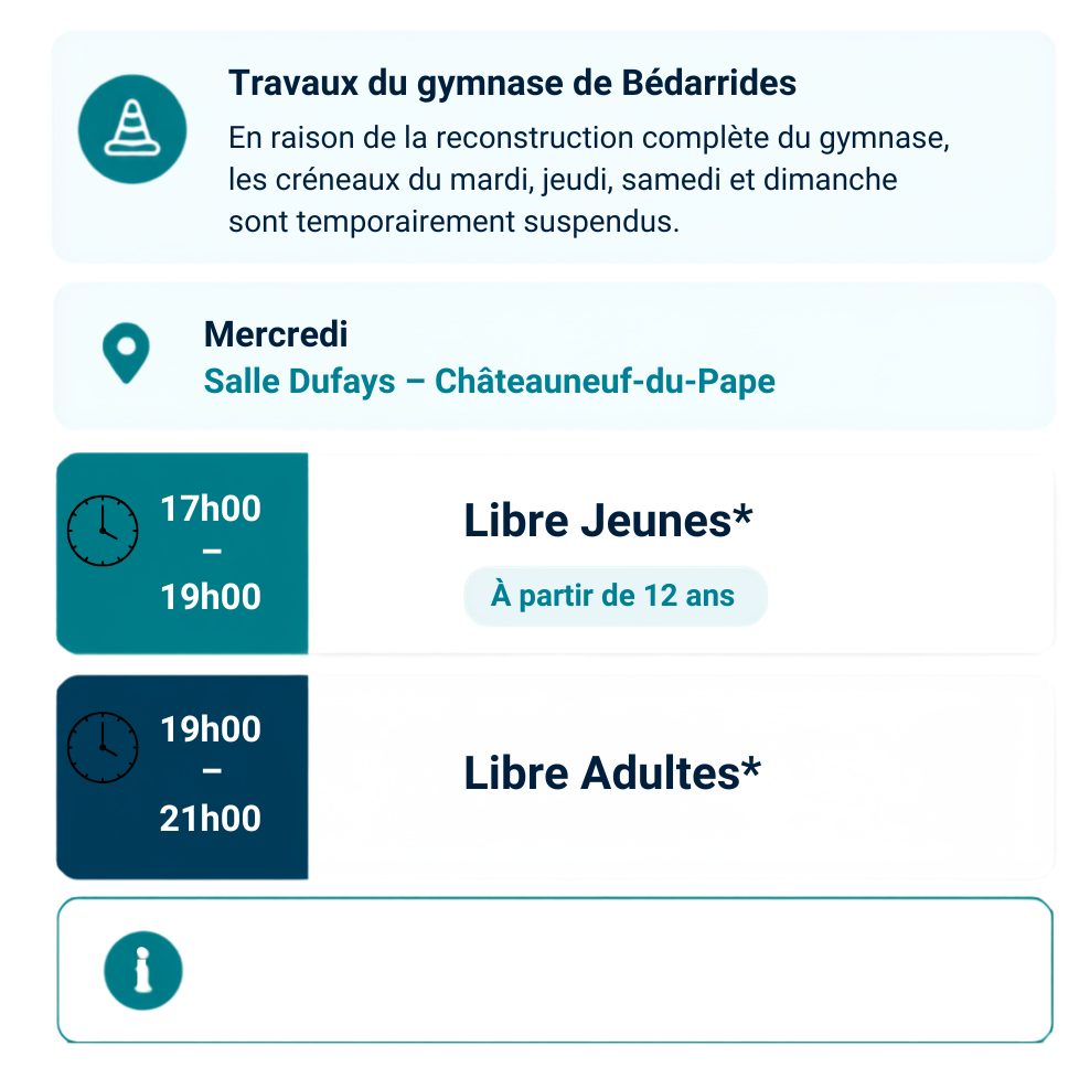 Planning 2026-2027 mobile V7R Volant des 7 Rivières Club de badminton Bédarrides Chateauneuf-Du-Pape Courthézon